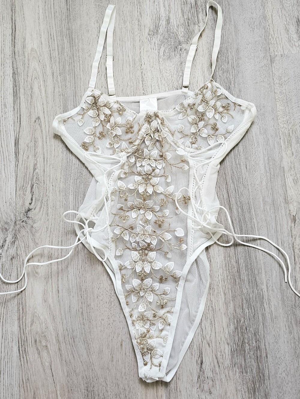 New White Jasmine Shimmer Mesh Applique Lingerie Teddy